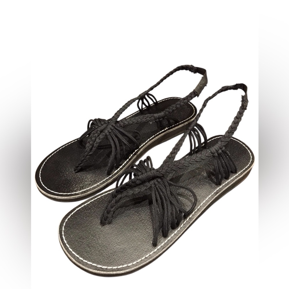 Plaka Handwoven Flat‎ Sandals for Women Black Thong boho trendy Style sz 8